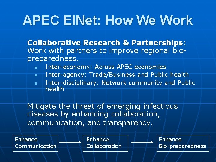 APEC EINet: How We Work Collaborative Research & Partnerships: Work with partners to improve