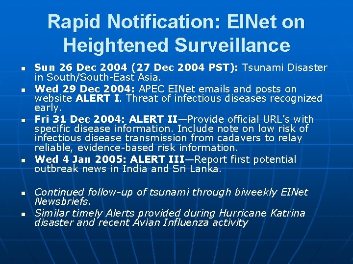 Rapid Notification: EINet on Heightened Surveillance n n n Sun 26 Dec 2004 (27