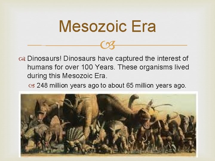 Mesozoic Era Dinosaurs! Dinosaurs have captured the interest of humans for over 100 Years.