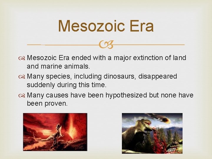 Mesozoic Era ended with a major extinction of land marine animals. Many species, including