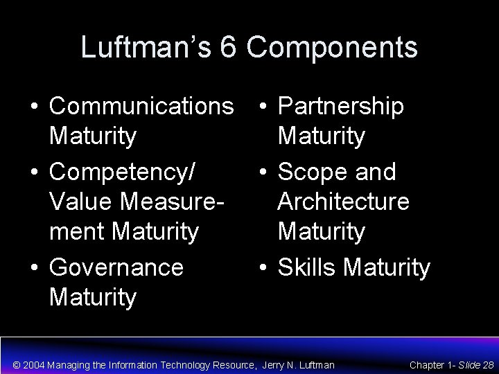 Luftman’s 6 Components • Communications • Partnership Maturity • Competency/ • Scope and Value