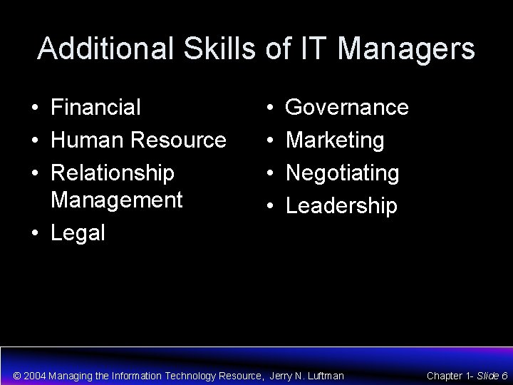 Additional Skills of IT Managers • Financial • Human Resource • Relationship Management •