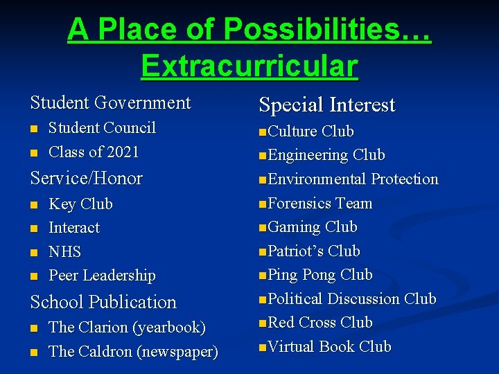 A Place of Possibilities… Extracurricular Student Government n n Student Council Class of 2021