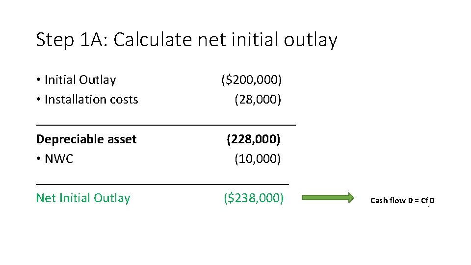 Step 1 A: Calculate net initial outlay • Initial Outlay ($200, 000) • Installation