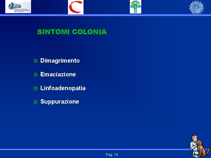 SINTOMI COLONIA o Dimagrimento o Emaciazione o Linfoadenopatia o Suppurazione Pag. 16 