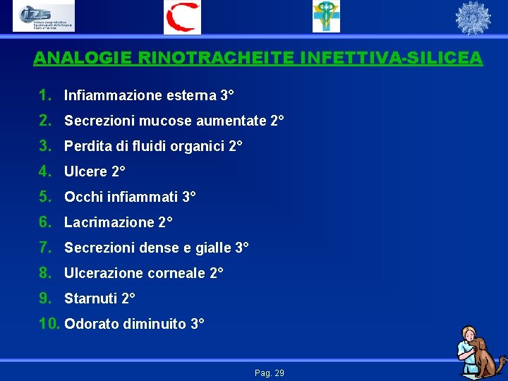 ANALOGIE RINOTRACHEITE INFETTIVA-SILICEA 1. Infiammazione esterna 3° 2. Secrezioni mucose aumentate 2° 3. Perdita