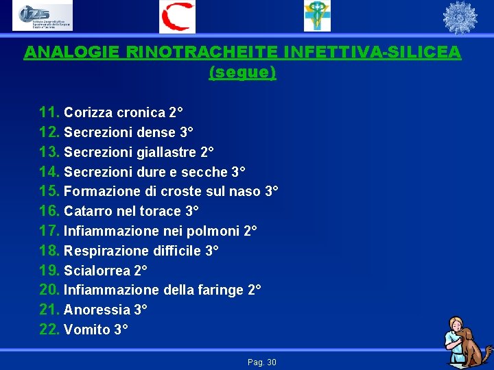 ANALOGIE RINOTRACHEITE INFETTIVA-SILICEA (segue) 11. Corizza cronica 2° 12. Secrezioni dense 3° 13. Secrezioni