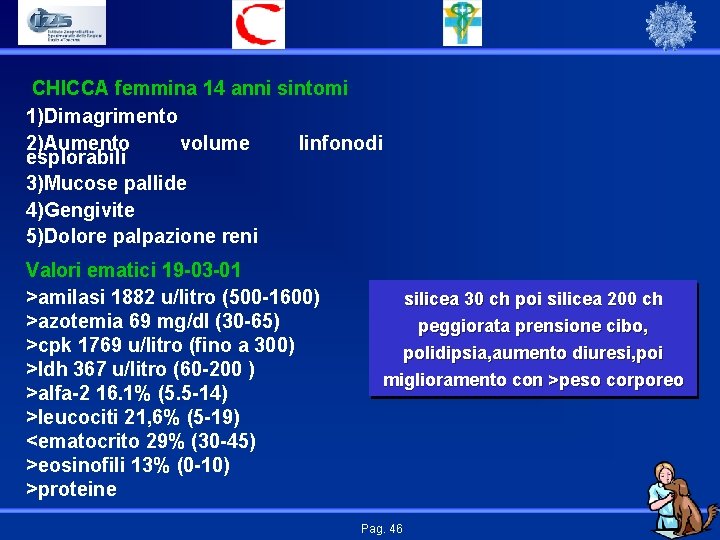 CHICCA femmina 14 anni sintomi 1)Dimagrimento 2)Aumento volume linfonodi esplorabili 3)Mucose pallide 4)Gengivite 5)Dolore