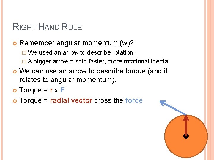 RIGHT HAND RULE Remember angular momentum (w)? � We used an arrow to describe