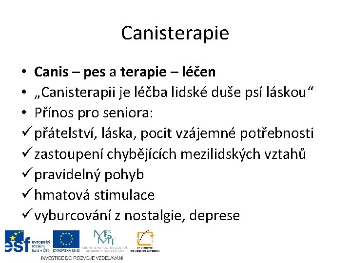 Canisterapie • Canis – pes a terapie – léčen • „Canisterapii je léčba lidské