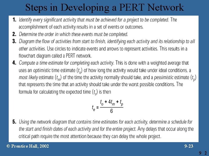 Steps in Developing a PERT Network © Prentice Hall, 2002 9 -23 9 2