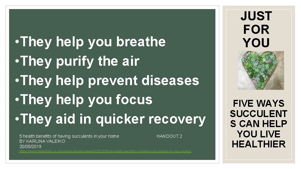 • They help you breathe • They purify the air • They help • They help you breathe • They purify the air • They help