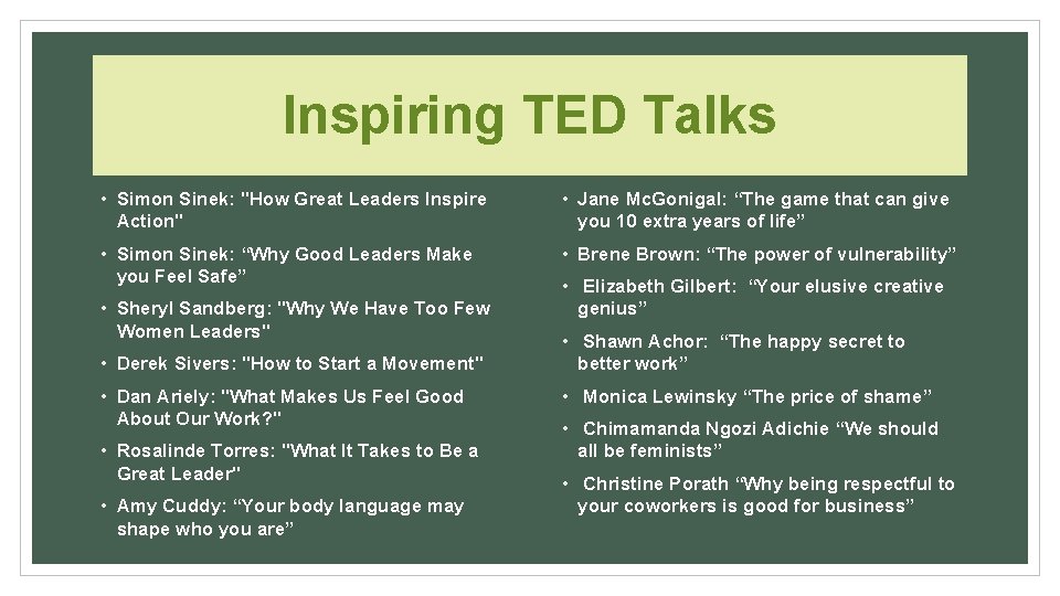 Inspiring TED Talks • Simon Sinek: "How Great Leaders Inspire Action" • Jane Mc. Inspiring TED Talks • Simon Sinek: "How Great Leaders Inspire Action" • Jane Mc.