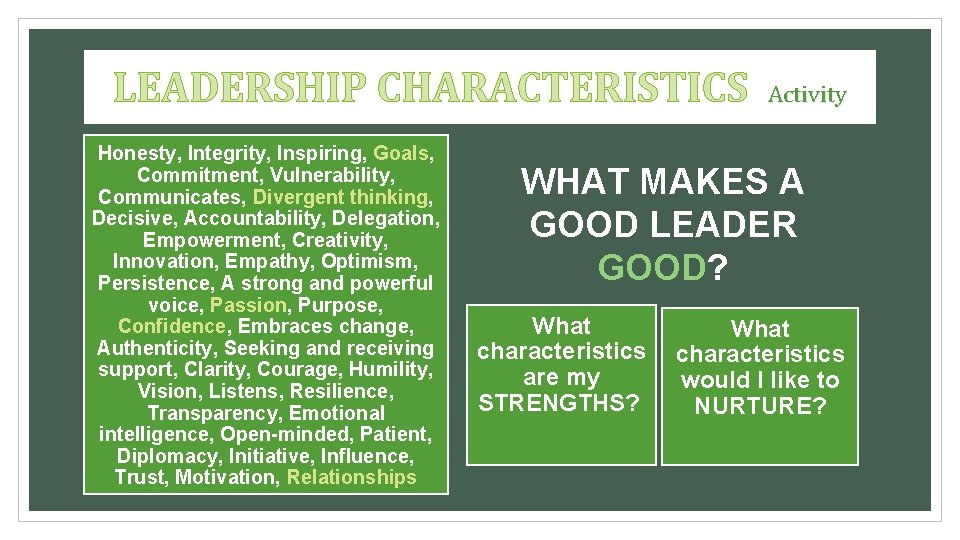 LEADERSHIP CHARACTERISTICS Honesty, Integrity, Inspiring, Goals, Commitment, Vulnerability, Communicates, Divergent thinking, Decisive, Accountability, Delegation, LEADERSHIP CHARACTERISTICS Honesty, Integrity, Inspiring, Goals, Commitment, Vulnerability, Communicates, Divergent thinking, Decisive, Accountability, Delegation,