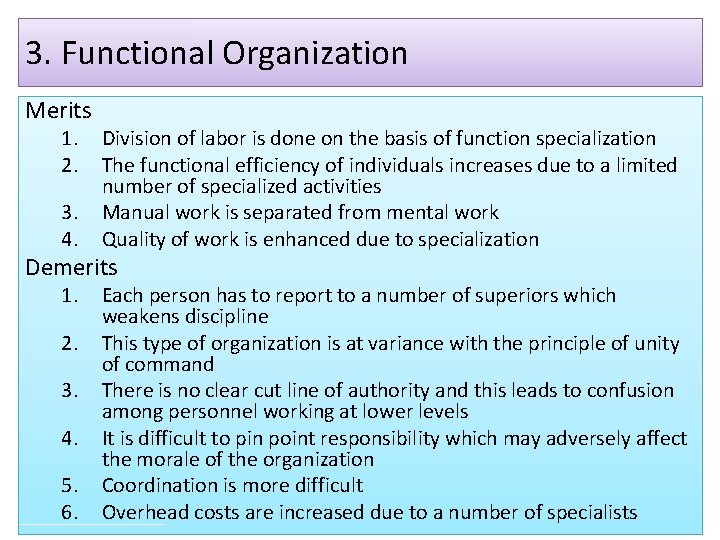 3. Functional Organization Merits 1. 2. 3. 4. Division of labor is done on