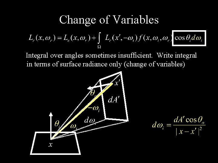 Change of Variables Integral over angles sometimes insufficient. Write integral in terms of surface