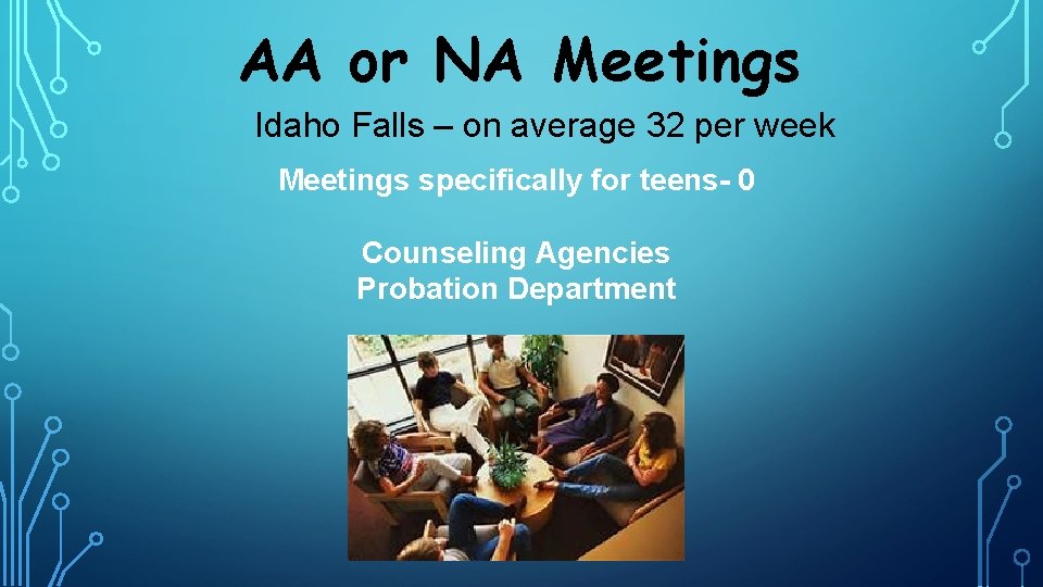 AA or NA Meetings Idaho Falls – on average 32 per week Meetings specifically