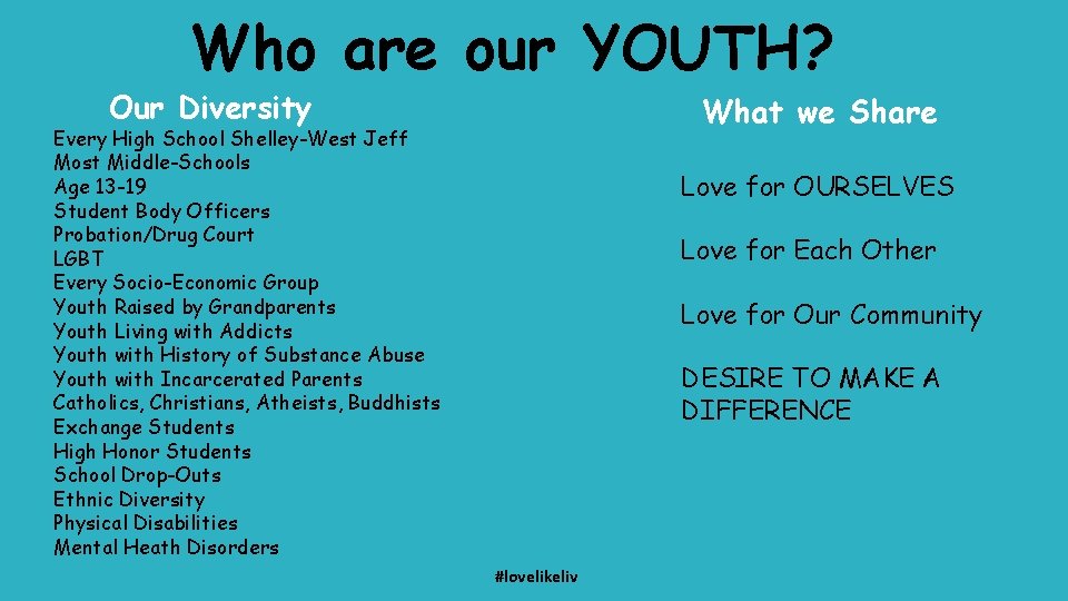 Who are our YOUTH? Our Diversity What we Share Every High School Shelley-West Jeff