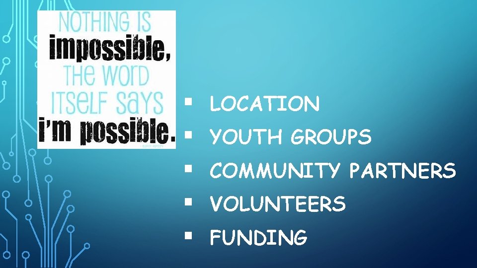 § § § LOCATION YOUTH GROUPS COMMUNITY PARTNERS VOLUNTEERS FUNDING 