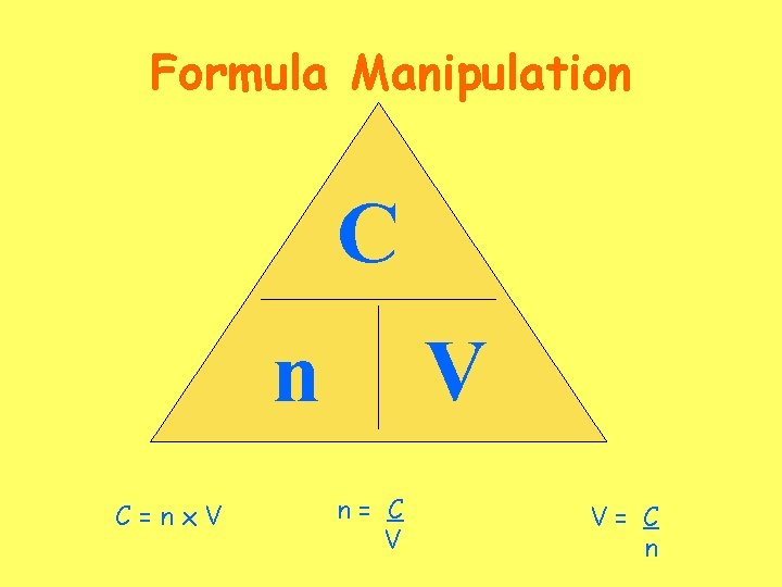 Formula Manipulation C V n C=nx. V n= C V V= C n 