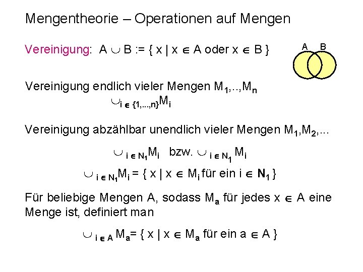 Mengentheorie – Operationen auf Mengen Vereinigung: A B : = { x | x