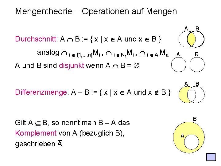 Mengentheorie – Operationen auf Mengen A B Durchschnitt: A B : = { x