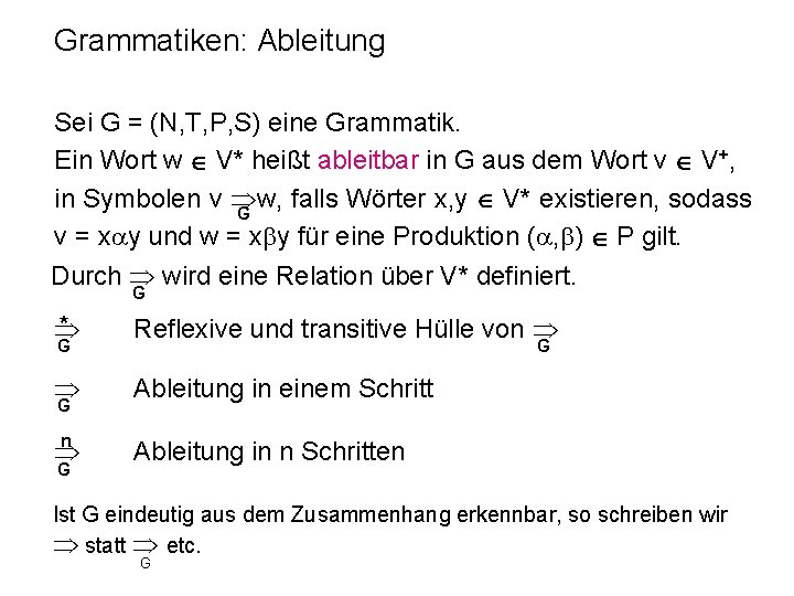 Grammatiken: Ableitung Sei G = (N, T, P, S) eine Grammatik. Ein Wort w