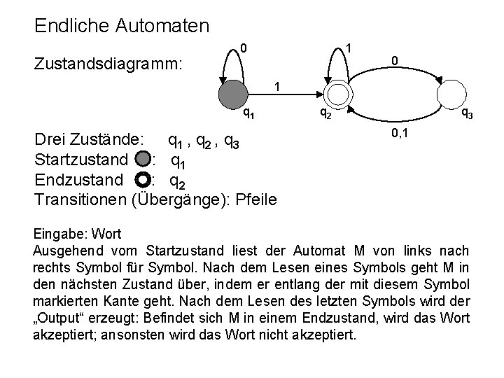 Endliche Automaten Zustandsdiagramm: 0 1 q 1 Drei Zustände: q 1 , q 2