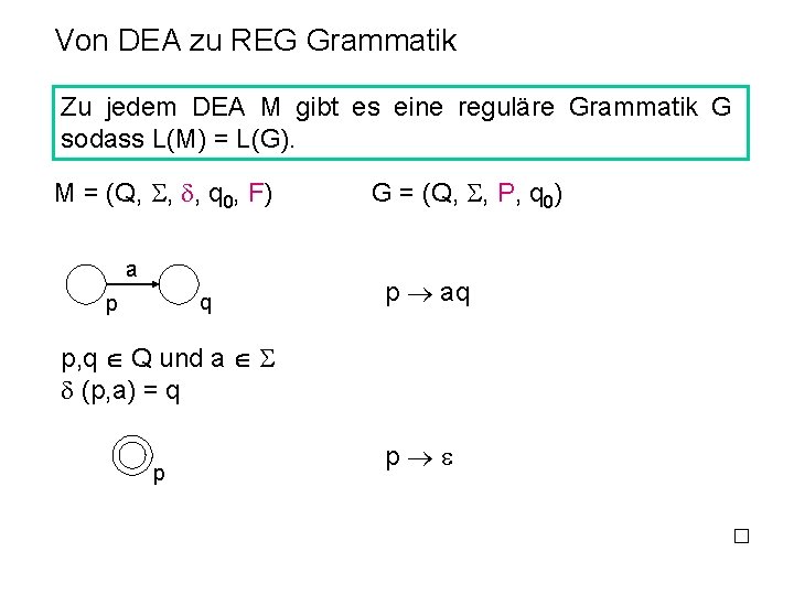 Von DEA zu REG Grammatik Zu jedem DEA M gibt es eine reguläre Grammatik