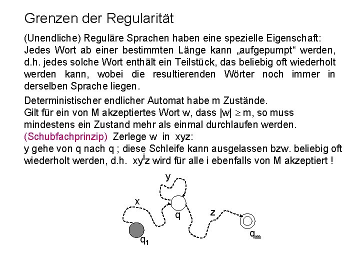 Grenzen der Regularität (Unendliche) Reguläre Sprachen haben eine spezielle Eigenschaft: Jedes Wort ab einer