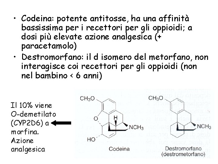  • Codeina: potente antitosse, ha una affinità bassissima per i recettori per gli