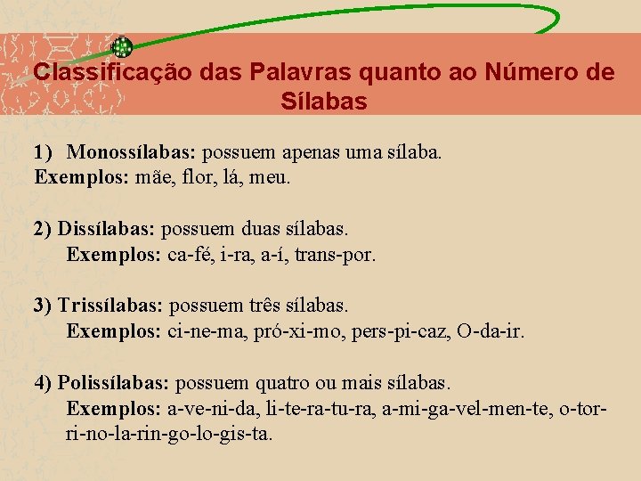 Classificação das Palavras quanto ao Número de Sílabas 1) Monossílabas: possuem apenas uma sílaba.