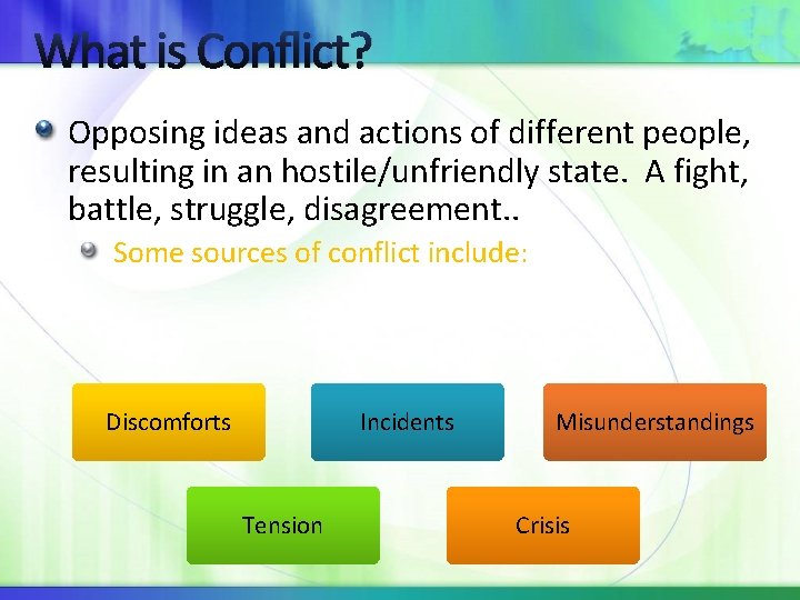 What is Conflict? Opposing ideas and actions of different people, resulting in an hostile/unfriendly