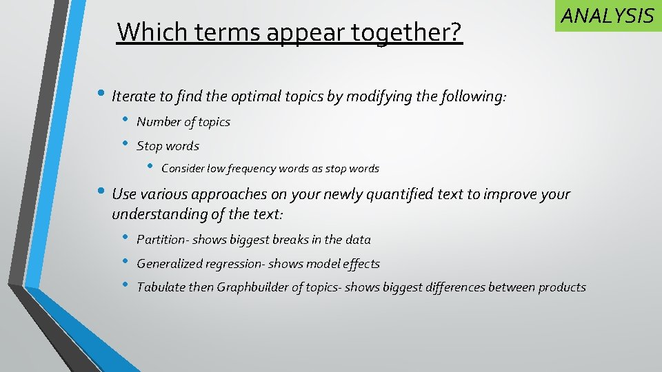 Which terms appear together? ANALYSIS • Iterate to find the optimal topics by modifying