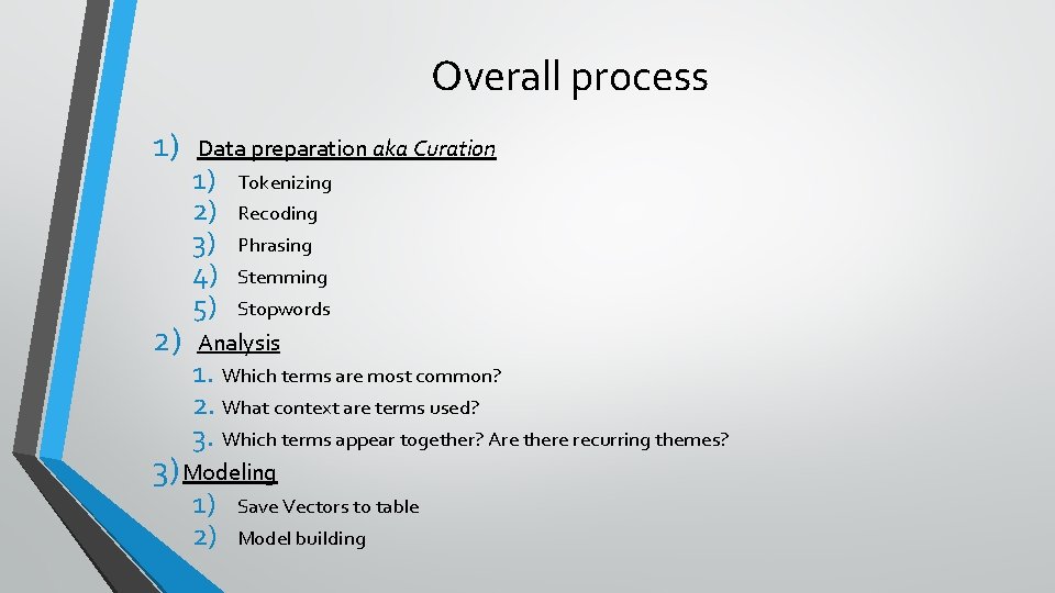 Overall process 1) 2) Data preparation aka Curation 1) 2) 3) 4) 5) Tokenizing