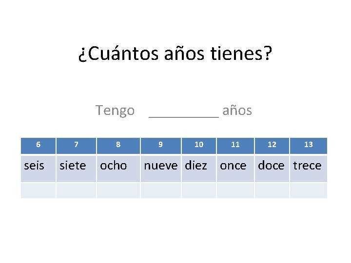 ¿Cuántos años tienes? Tengo _____ años 6 seis 7 siete 8 ocho 9 10 ¿Cuántos años tienes? Tengo _____ años 6 seis 7 siete 8 ocho 9 10