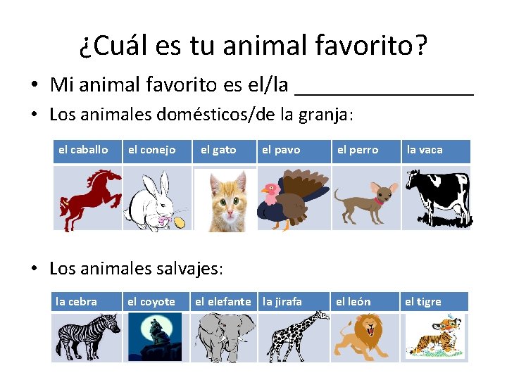 ¿Cuál es tu animal favorito? • Mi animal favorito es el/la ________ • Los