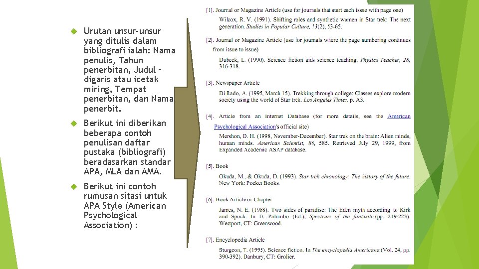  Urutan unsur-unsur yang ditulis dalam bibliografi ialah: Nama penulis, Tahun penerbitan, Judul –