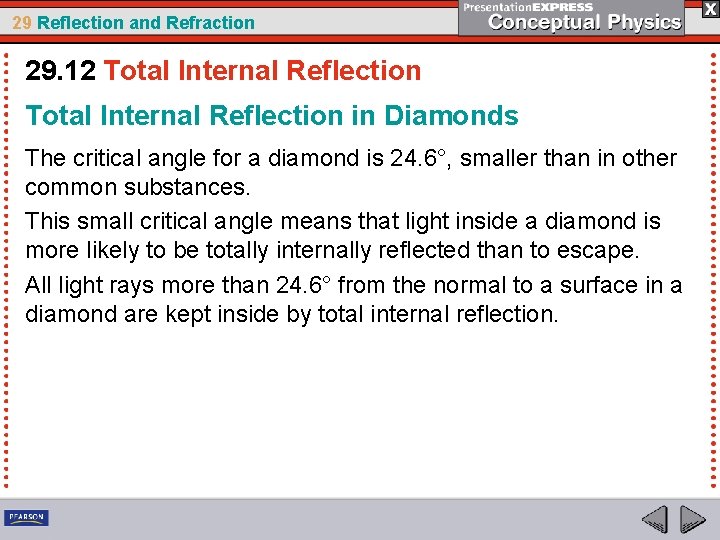 29 Reflection and Refraction 29. 12 Total Internal Reflection in Diamonds The critical angle