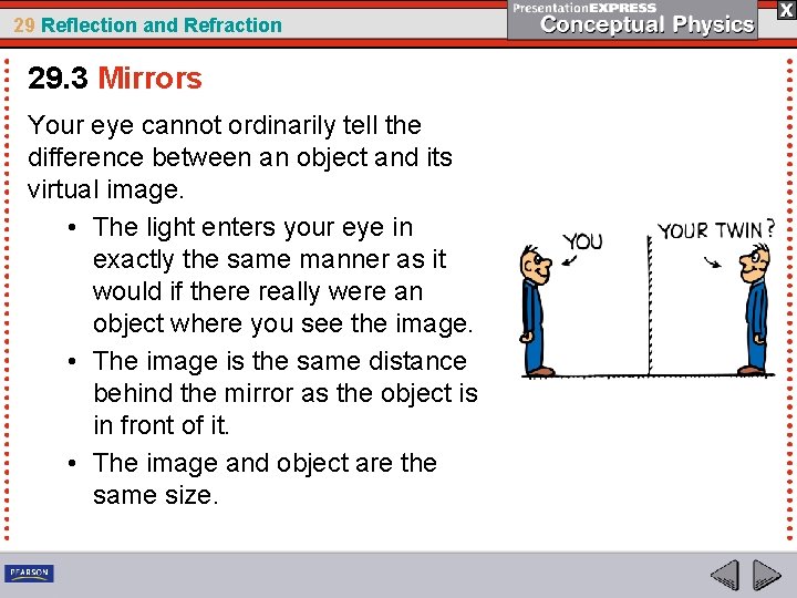 29 Reflection and Refraction 29. 3 Mirrors Your eye cannot ordinarily tell the difference