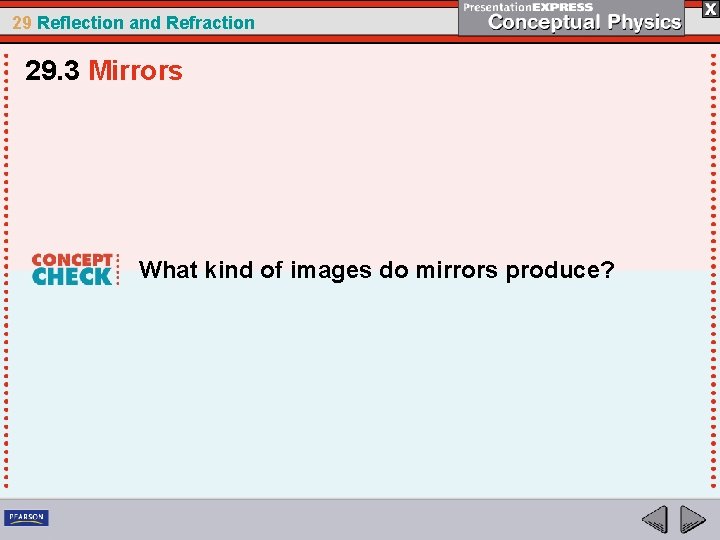 29 Reflection and Refraction 29. 3 Mirrors What kind of images do mirrors produce?