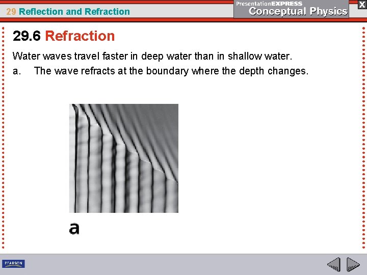 29 Reflection and Refraction 29. 6 Refraction Water waves travel faster in deep water