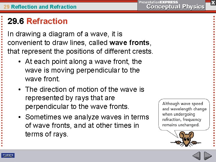 29 Reflection and Refraction 29. 6 Refraction In drawing a diagram of a wave,