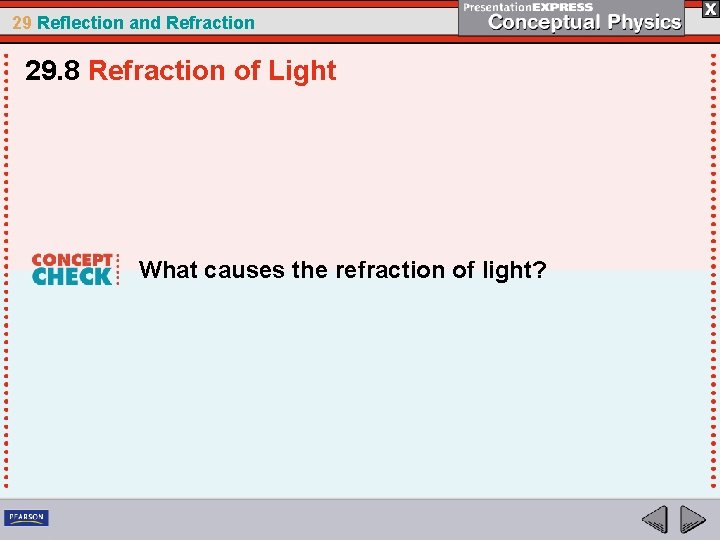 29 Reflection and Refraction 29. 8 Refraction of Light What causes the refraction of