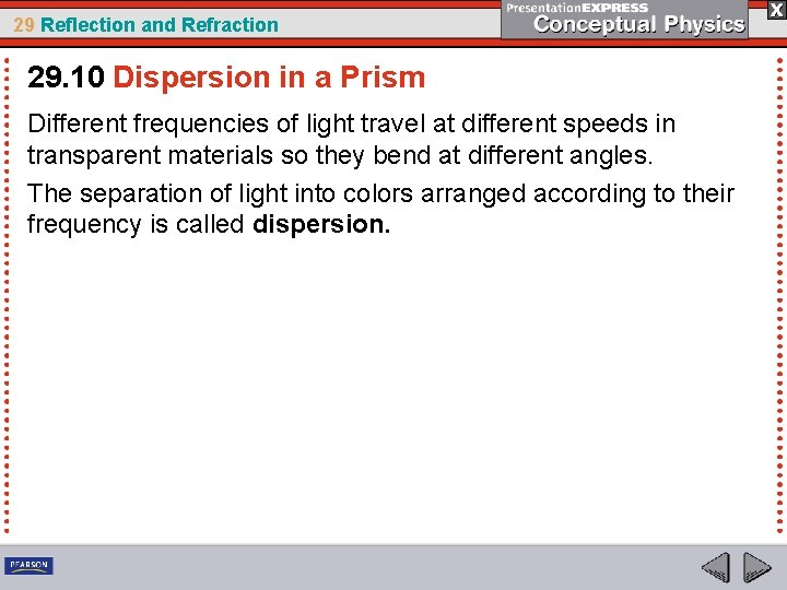 29 Reflection and Refraction 29. 10 Dispersion in a Prism Different frequencies of light