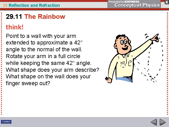 29 Reflection and Refraction 29. 11 The Rainbow think! Point to a wall with