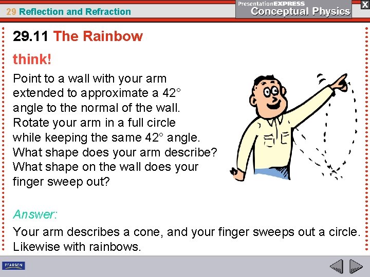 29 Reflection and Refraction 29. 11 The Rainbow think! Point to a wall with