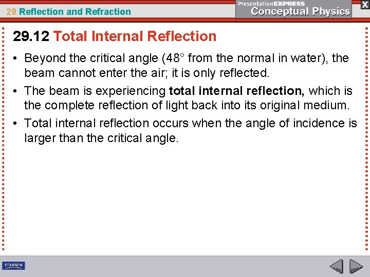 29 Reflection and Refraction 29. 12 Total Internal Reflection • Beyond the critical angle