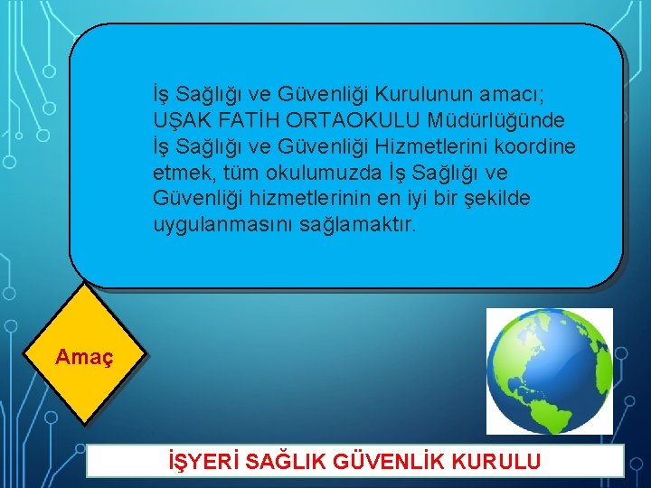 İş Sağlığı ve Güvenliği Kurulunun amacı; UŞAK FATİH ORTAOKULU Müdürlüğünde İş Sağlığı ve Güvenliği