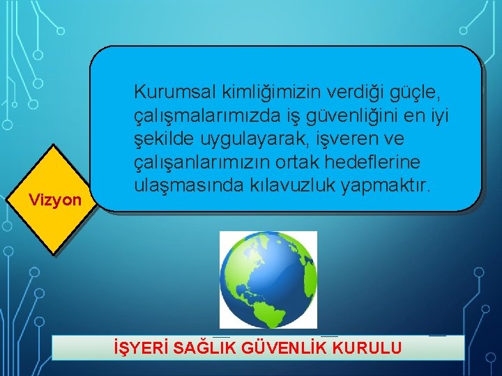 Vizyon Kurumsal kimliğimizin verdiği güçle, çalışmalarımızda iş güvenliğini en iyi şekilde uygulayarak, işveren ve